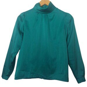 Vintage La Blouse Size 10 High Neck Blouse Teal Green Satin Button Secretary Top